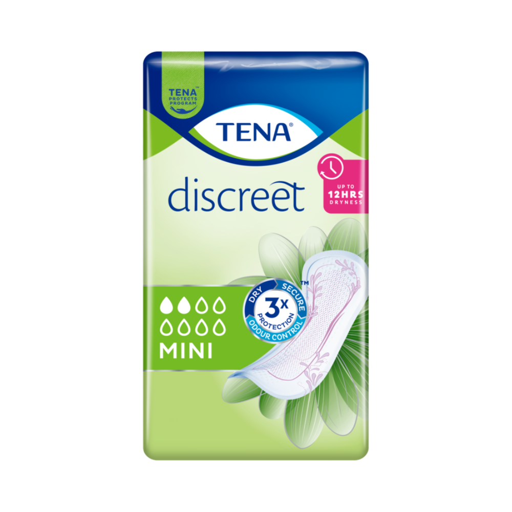 Taispeánann an íomhá pacáiste de TENA Discreet Mini ceapacha incontinence, a forbraíodh chun laige lamhnáin a chóireáil. Léiríonn an pacáistiú glas-gorm tréithe mar 'suas le 12 uair an chloig tirime' agus 'cosaint triple'. Maisíonn patrún bláthanna an íomhá ceapach ar thaobh na láimhe deise den phacáiste.