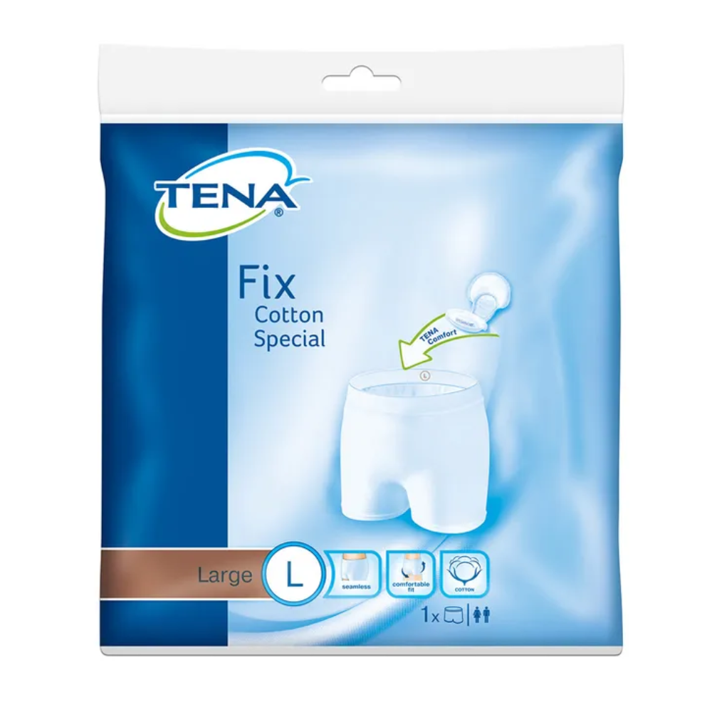 Pacáiste TENA Fix Cotton Spezial Fixierhose fo-éadaí incontinence, méid L, ó TENA - Essity Germany GmbH. Taispeánann an pacáistiú gorm-bán íomhá a leagann béim ar chompord agus ar fheistiú, chomh maith le siombailí le treoracha níocháin mionsonraithe agus eolas táirge le haghaidh cúraim éasca.