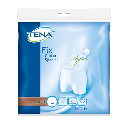 Pacáiste TENA Fix Cotton Spezial Fixierhose fo-éadaí incontinence, méid L, ó TENA - Essity Germany GmbH. Taispeánann an pacáistiú gorm-bán íomhá a leagann béim ar chompord agus ar fheistiú, chomh maith le siombailí le treoracha níocháin mionsonraithe agus eolas táirge le haghaidh cúraim éasca.