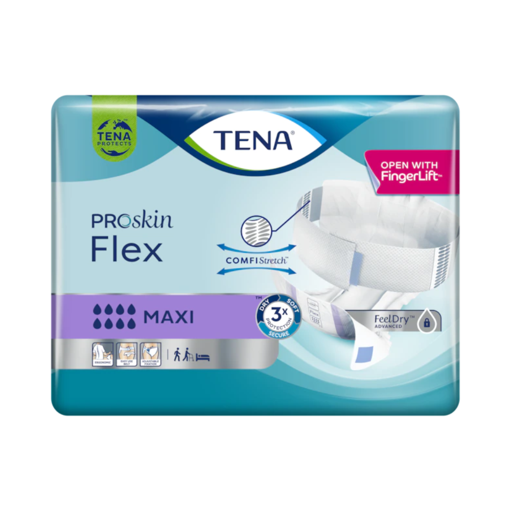 The packaging of the TENA Flex Maxi incontinence pad with waistband from TENA – Essity Germany GmbH contains a white incontinence slip that highlights important features such as "ComfiStretch," "FeelDry technology," and "Open with FingerLift." It also includes symbols indicating absorbency and intended use, making it an excellent choice for a waistband incontinence pad.