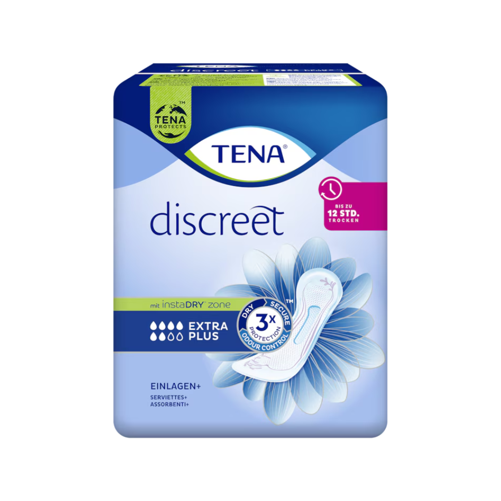 Taispeánann an pictiúr pacáiste de TENA Lady Discreet Extra Plus ceap incontinence ón Essity Germany GmbH, atá ann chun cosaint a thabhairt don lamhnán íogair. Tá an pacáistiú den chuid is mó gorm le móitíf bláthanna bán agus cuireann sé béim ar ghnéithe mar 'Teicneolaíocht InstaDRY' agus '3x Cosaint', rud a leagann béim ar éifeachtacht mar réiteach ceap incontinence.