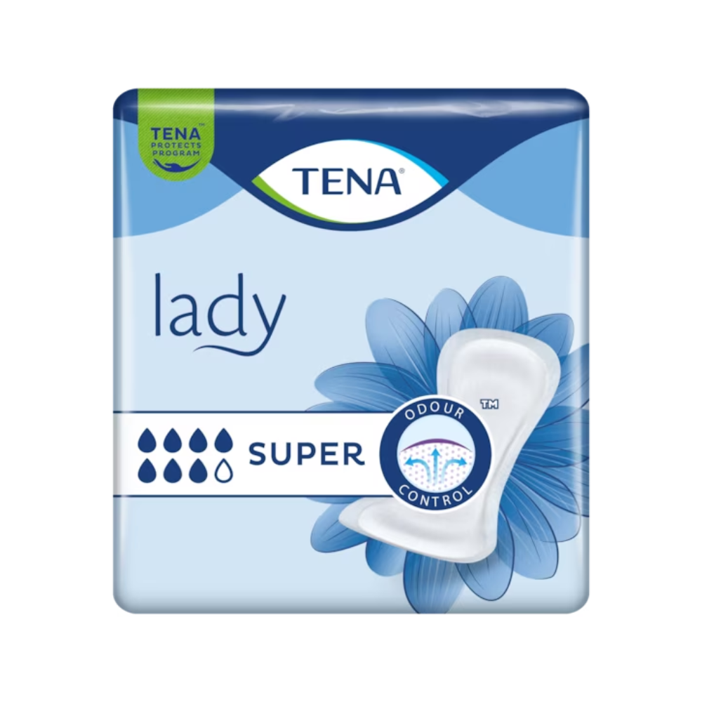 Tá pacáistiú na TENA Lady Super Inkontinenzvorlage | Pacáiste (30 píosa) ó TENA - Essity Germany GmbH i gorm-bán. Déanann gnéithe suntasacha mar na focail "Lady" agus "SUPER", braonta súchán, grafaic bláthanna chomh maith le téarmaí mar "Odour Control" é an rogha idéalach do gach duine atá ag lorg cosaint iontaofa in aghaidh éagothroime laistigh de Chlár TENA Protects.