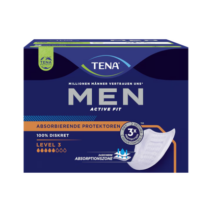 The TENA Men Active Fit Level 3 incontinence pad, packaged in striking blue and black, is designed for urinary incontinence. This product from TENA – Essity Germany GmbH features a shield graphic and highlights benefits such as triple protection and absolute discretion, making it the ideal choice for men seeking confidence and comfort. Each pack contains 16 pieces.