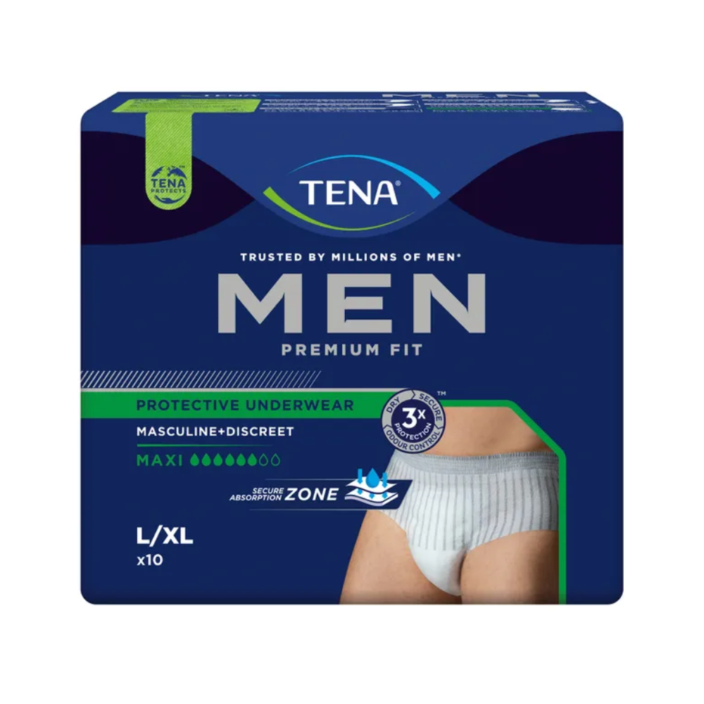 Cuirtear an pacáistiú do na TENA Men Active Fit Pants Maxi brístí do neamhchoinneálacht i láthair. Leagann an pacáistiú dorcha gorm béim ar thréithe mar 'firinscneach + discréideach' agus 'Ionsú Uasta', rud a fhágann go bhfuil sé foirfe do chaillteanas fual láidir. Tá léaráid de na brístí do neamhchoinneálacht agus an méid L/XL le feiceáil.