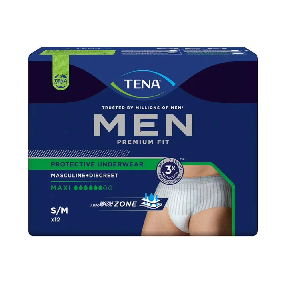 Pacáistiú na TENA Men Active Fit Pants Maxi brístí do neamhchoinneálacht i méid S/M ó TENA - Essity Germany GmbH. Tá an dearadh tarraingteach trí chuma firinscneach agus discréideach, foirfe do chaillteanas fual láidir le cumas ionsú uasta. Taispeántar íomhá den táirge in éineacht le téacs a thugann le fios cumas ionsú sábháilte agus líon 12 píosa.