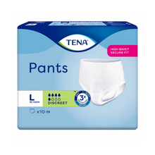 Die TENA Pants Discreet Inkontinenzhose von TENA – Essity Germany GmbH in Größe Large bietet einen hohen, sicheren Sitz. Die Verpackung betont ihr diskretes Design, einschließlich 10 Einweghosen (Einwegunterwäsche), mit einem blau-weißen Farbschema, das ihre Saugfähigkeit und Sicherheitsmerkmale zur Behandlung von Blasenschwäche hervorhebt.