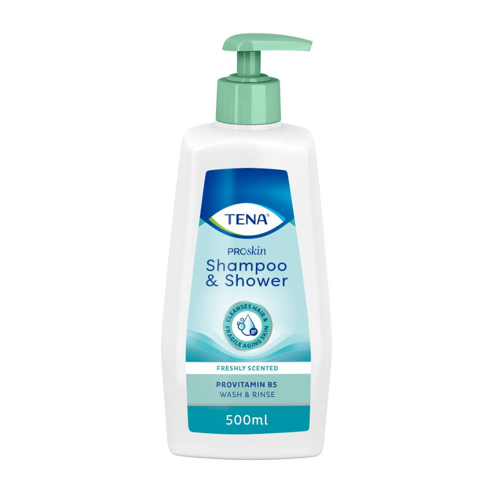 Tá an TENA Shampoo & Shower 500 ml ó Essity Germany GmbH le caipín caidéil glas oiriúnach do chraiceann íogair. Tá a fhoirmle cumhra úr, saibhir i bProvitamin B5, le feiceáil i bpacáistiú bán galánta le béimeanna gorma agus glasa.