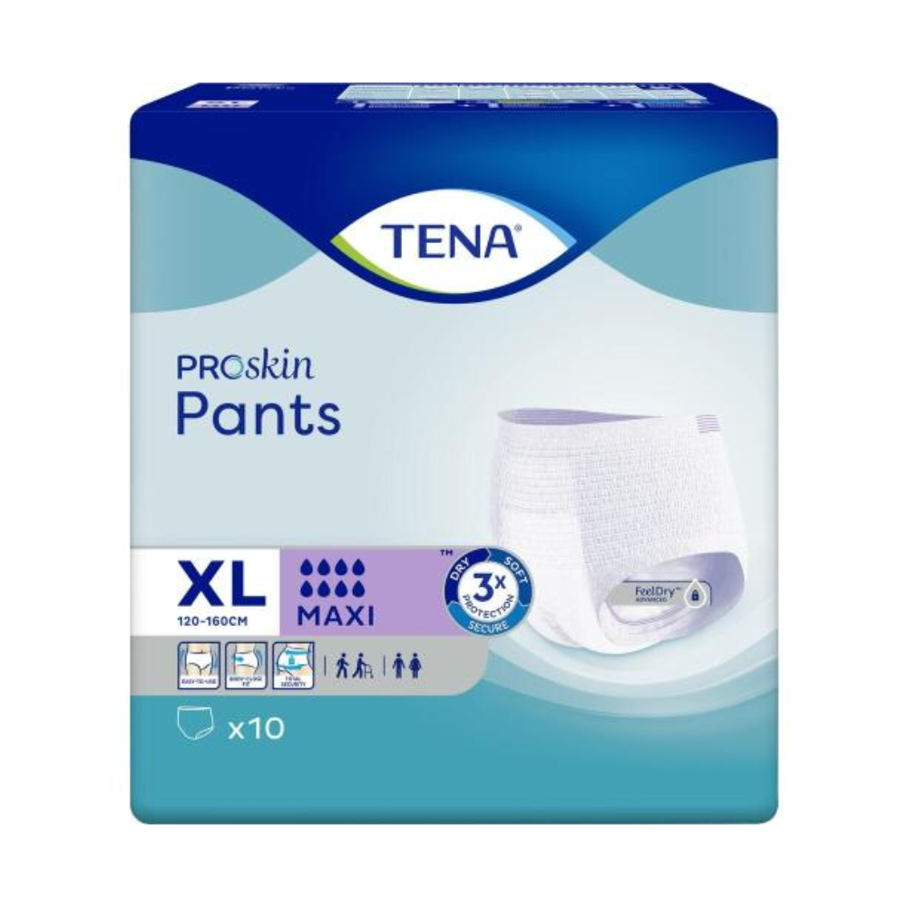 Eine Packung TENA Proskin Pants Maxi Inkontinenzhosen, Größe XL (120-160 cm), mit verbesserter Saugfähigkeit und „FeelDry Advanced“-Technologie für 3-fachen Schutz. Die Packung, die 10 Stück dieser Premium-Einwegunterwäsche enthält, zeigt zur einfachen Identifizierung ein Bild des Produkts.