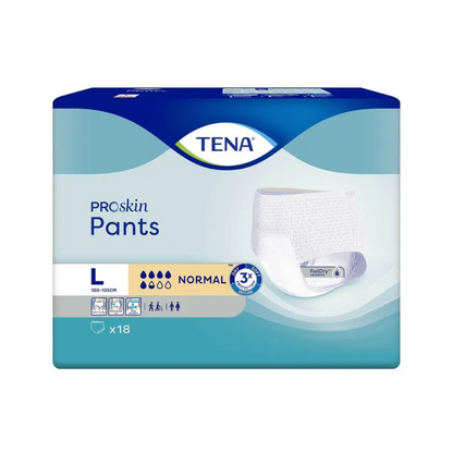 The image shows a pack of TENA Proskin Pants Normal, an incontinence pant from TENA - Essity Germany GmbH, suitable for people with bladder weakness in size Large. The blue and white packaging indicates that it contains 18 pants for medium absorbency with advanced FeelDry technology.