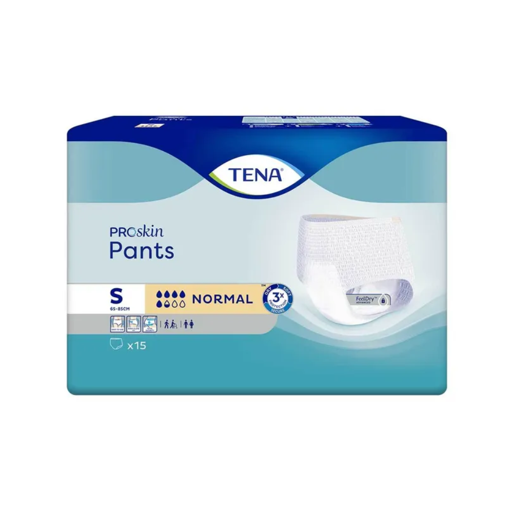 A pack of TENA Proskin Pants Normal incontinence pants, size S, specifically for normal absorbency to treat bladder weakness. The pack contains 15 pants and shows a product image on the front. The packaging is mainly blue with white accents and is manufactured by TENA - Essity Germany GmbH.