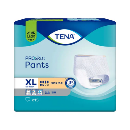 Image of a pack of TENA Proskin Pants Normal incontinence pants in size XL, tailored for people with bladder weakness. The packaging is blue and green with white accents, shows an image of the pant, and indicates 'Normal Absorbency', suitable for a waist circumference of 120-160 cm. Each pack contains 15 pieces, manufactured by TENA - Essity Germany GmbH.