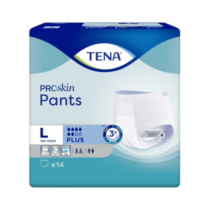 The packaging of TENA ProSkin Pants Plus incontinence pants in blue and white, designed for waist sizes 100-135 cm in size Large (L), features moisture-reducing technology with plus absorbency. This pack of 14 comfortable incontinence pants from TENA – Essity Germany GmbH ensures dryness and security through its advanced FeelDry technology.