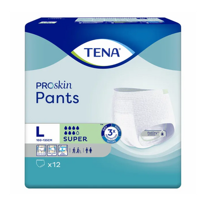 Tá na TENA ProSkin Pants Super Brístí Incontinence, Méid L ó TENA - Essity Germany GmbH, oiriúnach do mhéideanna coime idir 100-135 cm. Taispeánann an pacáistiú dearadh gorm-uaine agus tá 12 brístí ionsúiteacha super ann, atá foirfe chun déileáil le laige lamhnán. Cuireann siombailí béim ar thiomantas do chompord agus cosaint.