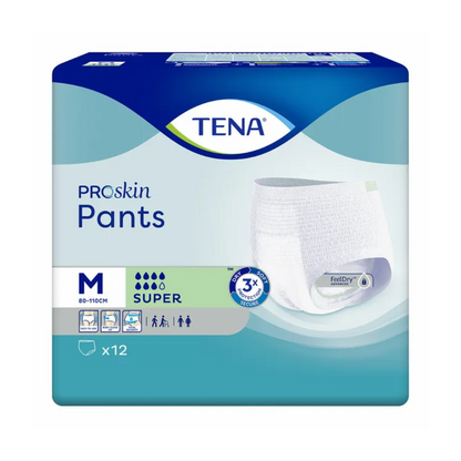 Pacáistiú na TENA ProSkin Pants Super Brístí Incontinence ó TENA - Essity Germany GmbH, oiriúnach do dhaoine le laige lamhnán, Méid M (80-110 cm). Taispeánann sé íomhá de bhrístí incontinence agus siombailí a léiríonn neart ionsú agus oiriúnacht inscne. Tá 12 brístí sa phacáiste.
