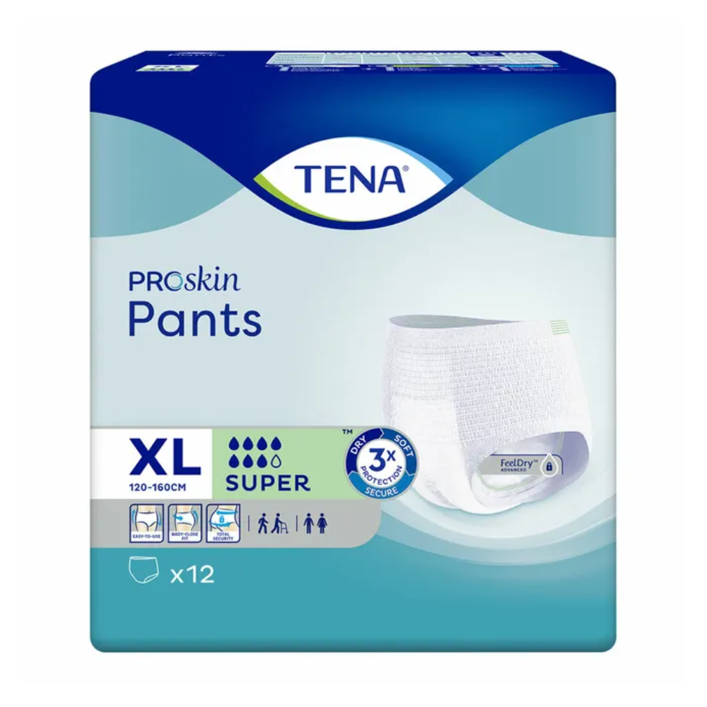 Pacáiste de TENA ProSkin Pants Super Brístí Incontinence ó TENA – Essity Germany GmbH, ar fáil i Méid XL (120-160 cm), dírithe ar dhaoine le laige lamhnán. Cuireann an pacáistiú béim ar neart ionsú 'Super' agus taispeánann sé íomhánna a léiríonn suíochán sábháilte agus láimhseáil éasca. Tá 12 brístí incontinence i ngach pacáiste.