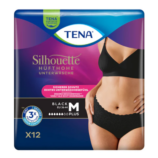 Auf der Verpackung der TENA Silhouette Plus Black Inkontinenzhose in Größe M befindet sich ein Foto einer Frau. Das Etikett trägt den Hinweis „Hüfthöhe Unterwäsche“, weist darauf hin, dass es sich um „12 Stück“ handelt und betont „Sicheren Schutz“ für Blasenschwäche, um ein „Echtes Unterwäschegefühl“ mit diskreten Inkontinenzhosen zu gewährleisten.