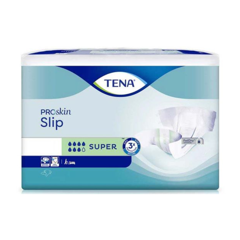 Das Bild zeigt eine Packung TENA Slip Super Inkontinenzvorlage mit Hüftbund Erwachsenenwindeln. Die Verpackung, hauptsächlich blau und weiß mit grünen Akzenten, zeigt Produktbilder und weist auf 3-fachen Schutz hin. Dieses Auslaufschutz-Design ist ideal für schwere Inkontinenz.