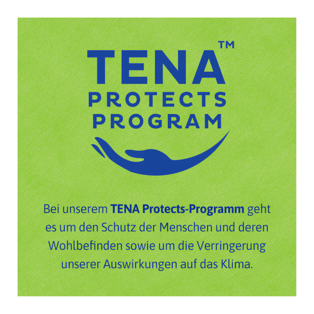 A square image with a green background shows "TENA Protects Program" in blue over a curved line. The German text explains how TENA Bed Plus from TENA - Essity Germany GmbH supports well-being and contributes to reducing climate impact.
