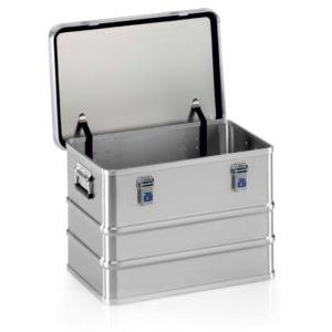 The Novocal transport box made of aluminum with a hinged lid, two side handles, and blue toggle latches offers secure storage. Pictured is 1 piece empty against a white background.