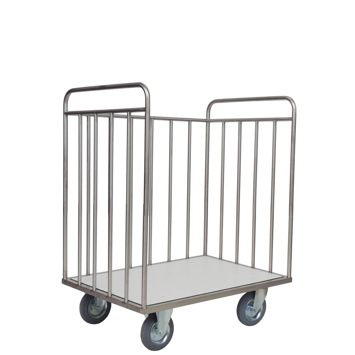 The Novocal transport trolley with back wall frame is a stainless steel trolley with high rails, an open top, a flat bottom, and four large wheels - ideal for transporting items and easy loading and unloading. All pipe connections are fully welded.
