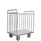 The Novocal transport trolley with back wall frame is a stainless steel trolley with high rails, an open top, a flat bottom, and four large wheels - ideal for transporting items and easy loading and unloading. All pipe connections are fully welded.