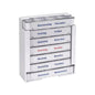 The AMPri Med-Comfort Tablet Dispenser (375 x 225 x 40 mm, white) features seven compartments for medications labeled in German and English for each day: Thursday/Thursday to Wednesday/Wednesday.