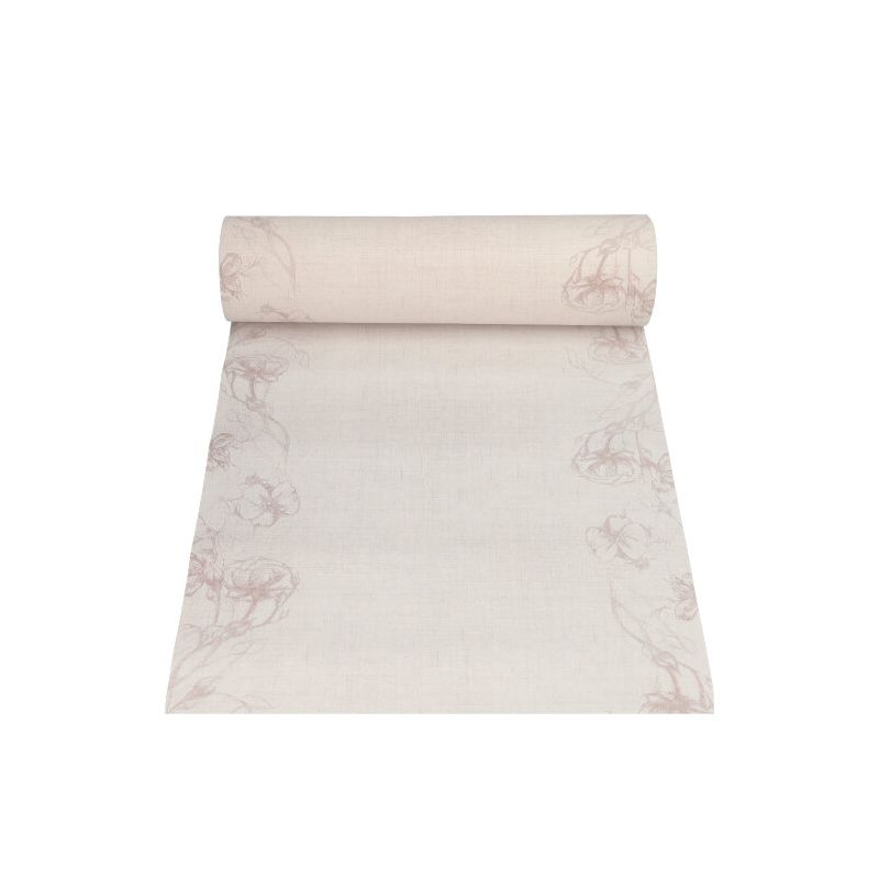 A PAPSTAR table runner fabric-like PV-Tissue Mix in light beige with subtle light pink floral patterns. This item is part of the elegant ROYAL collection of PAPSTAR GmbH and is presented flat with the roll on top, ideal for an extended table runner. The fabric is 24 meters long and 40 centimeters wide.