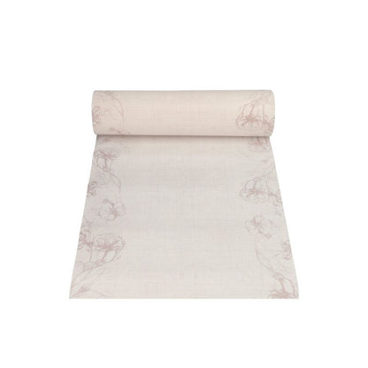 A PAPSTAR table runner fabric-like PV-Tissue Mix in light beige with subtle light pink floral patterns. This item is part of the elegant ROYAL collection of PAPSTAR GmbH and is presented flat with the roll on top, ideal for an extended table runner. The fabric is 24 meters long and 40 centimeters wide.