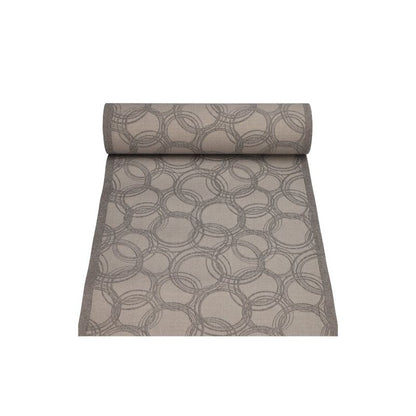 The table runner of PAPSTAR GmbH from the ROYAL Collection is a 24m x 40cm fabric-like roll made of pulp-viscose-tissue mix, featuring a circular geometric pattern in gray and beige tones. The partially unrolled material elegantly showcases its seamless design.