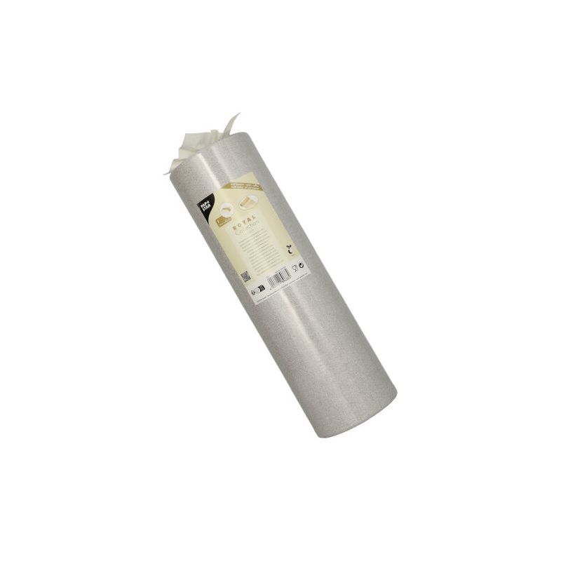 A roll of PAPSTAR table runner fabric-like PV-Tissue Mix "ROYAL Collection" of PAPSTAR GmbH is elegantly labeled with product information. The roll stands upright against a simple white background, showcasing its high-quality pulp-viscose-tissue mix composition.