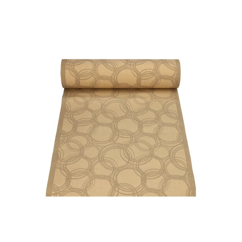 The PAPSTAR table runner fabric-like PV-Tissue Mix from the "ROYAL Collection" of PAPSTAR GmbH consists of a roll of beige fabric with a repeating pattern of overlapping circular loops. This pulp-viscose tissue mix partially unrolls, revealing its smooth texture and subtle sheen, making it the ideal centerpiece for any table decoration.