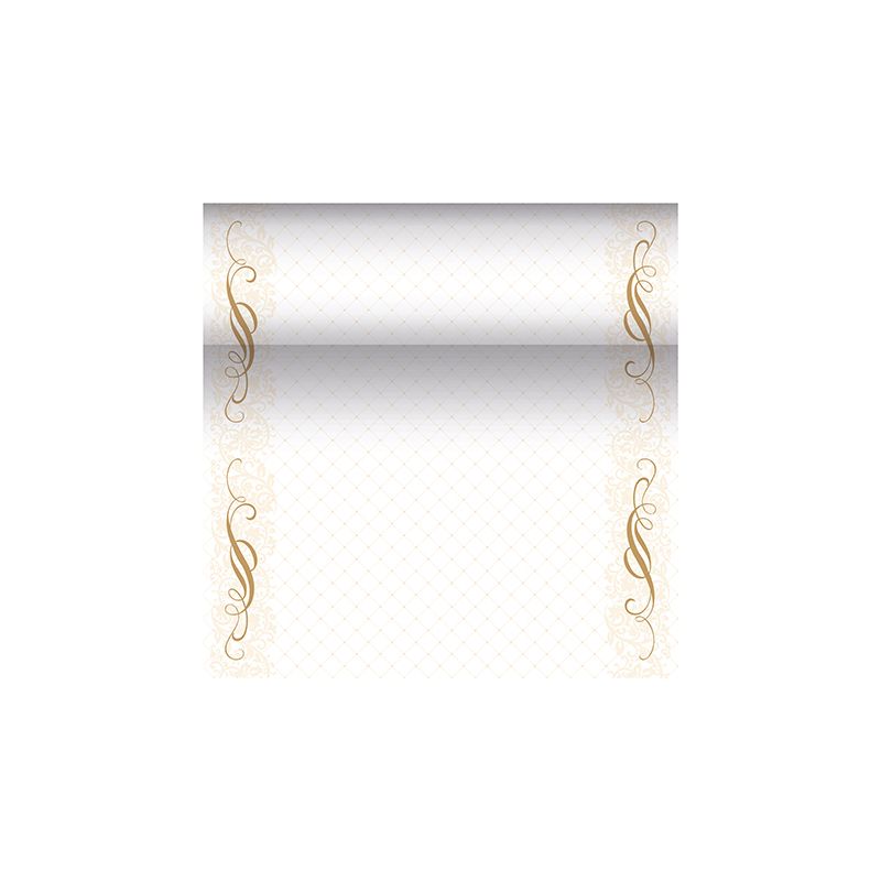 A decorative certificate template from the PAPSTAR "ROYAL Collection" highlights a gradient background with ornate gold borders featuring elegant swirling floral patterns. The central area is left open for text or individual design, exuding a sophisticated touch reminiscent of the designs of PAPSTAR table runner fabric-like PV-Tissue Mix.