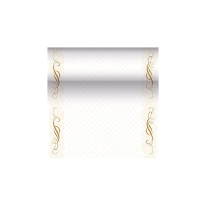 A decorative certificate template from the PAPSTAR "ROYAL Collection" highlights a gradient background with ornate gold borders featuring elegant swirling floral patterns. The central area is left open for text or individual design, exuding a sophisticated touch reminiscent of the designs of PAPSTAR table runner fabric-like PV-Tissue Mix.