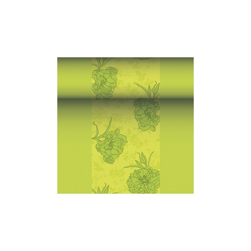 Depicted is a wallpaper roll with a floral pattern in shades of green, reminiscent of the noble ROYAL Collection of PAPSTAR GmbH. This design features large flowers in a slightly darker green on a lighter green background, exuding an elegant charm similar to that of the PAPSTAR table runner fabric-like PV-Tissue Mix "ROYAL Collection" measuring 24 m x 40 cm.