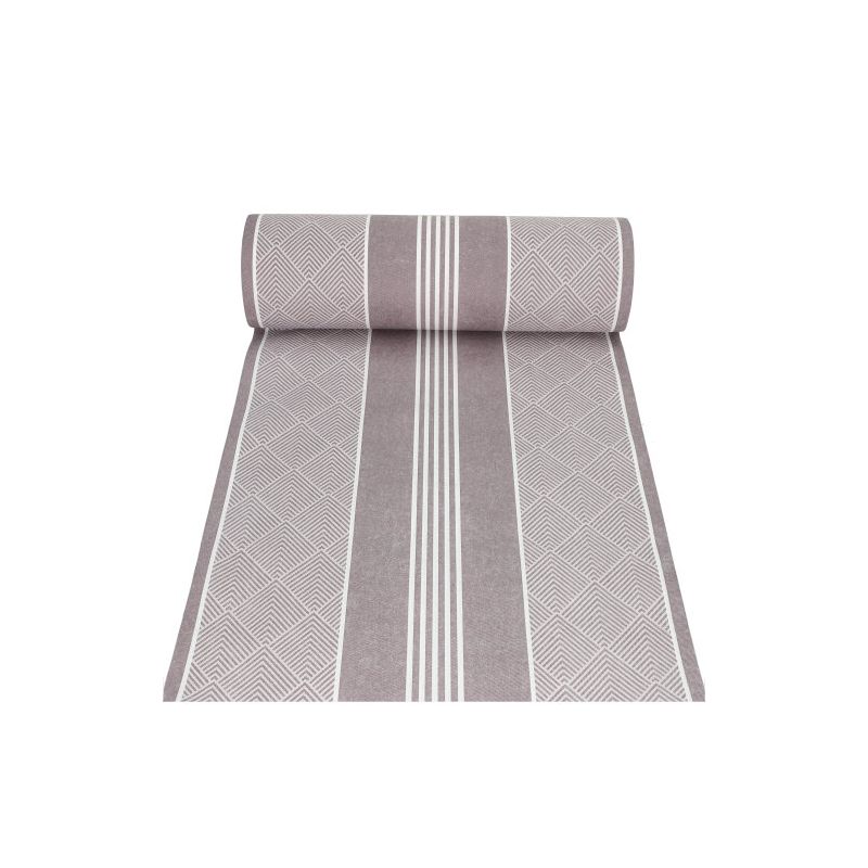On a white background, a partially unrolled table runner with parallel stripes and geometric patterns in shades of gray and white is depicted, reflecting the elegance of the PAPSTAR fabric-like table runner PV-tissue mix "ROYAL Collection" of PAPSTAR GmbH.