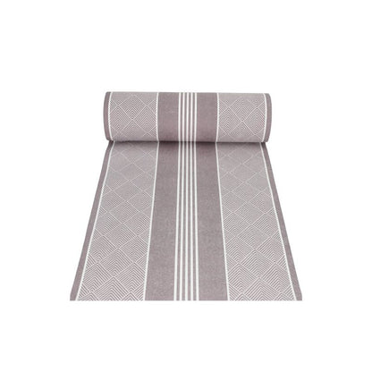 On a white background, a partially unrolled table runner with parallel stripes and geometric patterns in shades of gray and white is depicted, reflecting the elegance of the PAPSTAR fabric-like table runner PV-tissue mix "ROYAL Collection" of PAPSTAR GmbH.