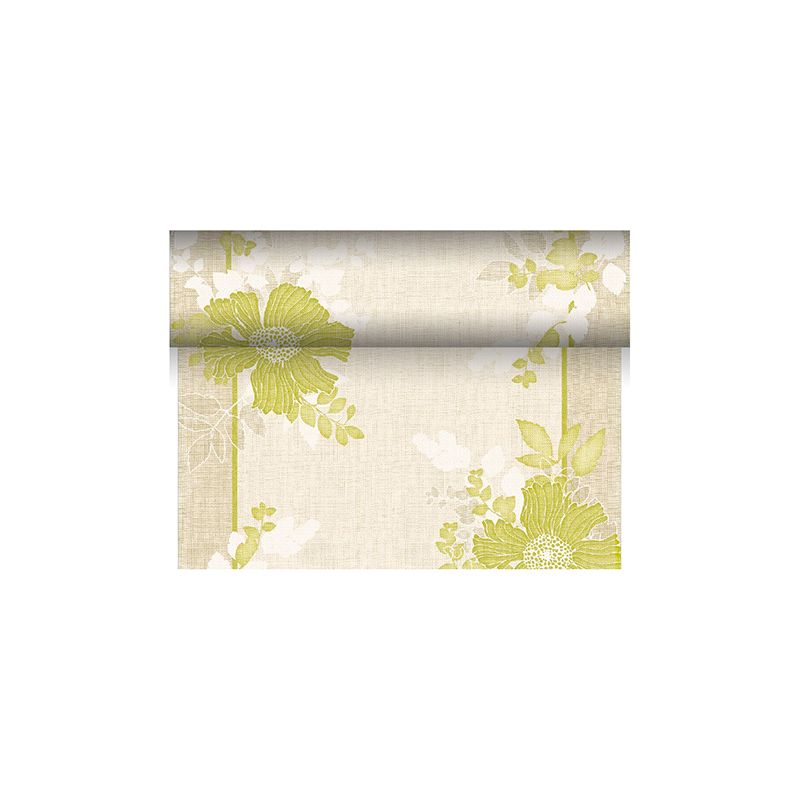 A roll of the decorative table runner from PAPSTAR unrolled, shows a design with large green flowers and leaves on a beige background from the ROYAL Collection. This floral pattern, highlighted by white accents, takes center stage and is expertly crafted from a cellulose-viscose tissue mix for added sophistication.