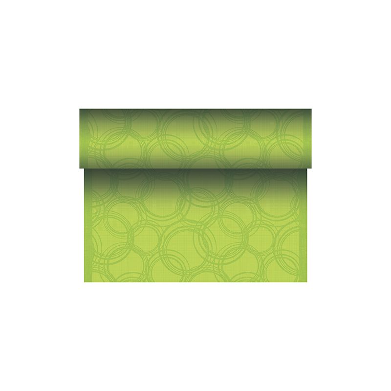 This green product is part of the ROYAL Collection of PAPSTAR GmbH and features a subtle, overlapping circle pattern with light green circle shapes on a slightly darker background. The PAPSTAR table runner fabric-like PV-Tissue Mix is partially unrolled and displays its elegant design on its dimensions of 24 m x 40 cm.