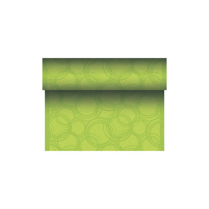 This green product is part of the ROYAL Collection of PAPSTAR GmbH and features a subtle, overlapping circle pattern with light green circle shapes on a slightly darker background. The PAPSTAR table runner fabric-like PV-Tissue Mix is partially unrolled and displays its elegant design on its dimensions of 24 m x 40 cm.