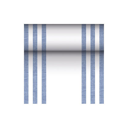 As part of the "ROYAL Collection" of PAPSTAR GmbH, this seamless pattern features vertical blue stripes on a white background. The PV-tissue mix ensures durability while maintaining elegance, with evenly distributed stripes creating a symmetrical and balanced appearance, making it perfect for any fabric-like table runner from PAPSTAR.