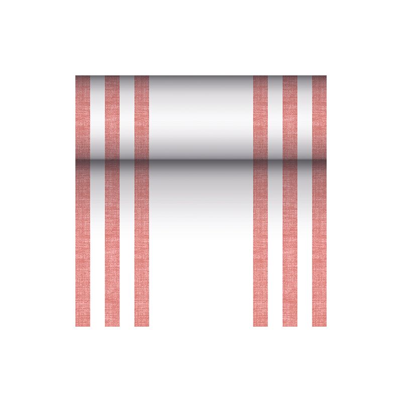 The fabric-like table runner PV-tissue mix "ROYAL Collection" of PAPSTAR GmbH in the dimensions 24 m x 40 cm impresses with a striking design of six vertical red lines, complemented by a central horizontal gradient from black to white on a flawlessly white background.
