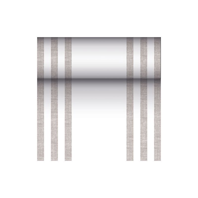 A metallic reflective cylinder is suspended between three vertical, parallel brown lines on each side, reminiscent of the modern design of a PAPSTAR fabric-like table runner PV-tissue mix from the "ROYAL Collection" against a white background.