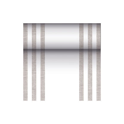 A metallic reflective cylinder is suspended between three vertical, parallel brown lines on each side, reminiscent of the modern design of a PAPSTAR fabric-like table runner PV-tissue mix from the "ROYAL Collection" against a white background.