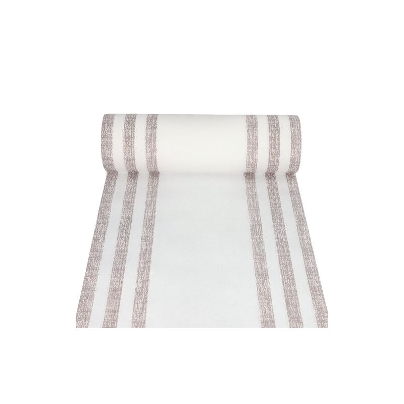 A roll from the PAPSTAR fabric-like table runner PV-tissue mix "ROYAL Collection" of PAPSTAR GmbH impresses with a straightforward design that, when partially unrolled, reveals vertical beige stripes on a white background, thus unveiling its elegant pattern.