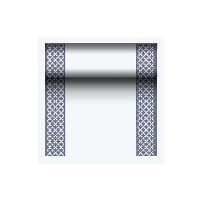 The PAPSTAR fabric-like table runner PV-Tissue Mix, "ROYAL Collection" from PAPSTAR GmbH, is made of a high-quality pulp-viscose-tissue mix. It features two narrow dark blue borders with a repeating X pattern, against an elegantly white center. Perfect for adding sophistication to any setting.