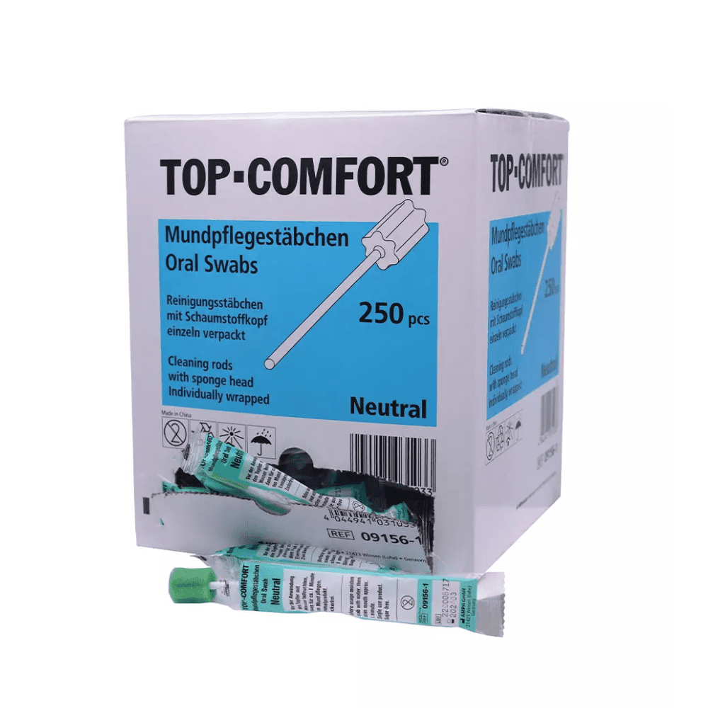Bosca de AMPri Top-Comfort PP bataí cúraim béil le spúinse PU, agus tá maide amháin páirteach as an mbosca. Deirtear ar an bpacáistiú go bhfuil 250 maide neodrach ó thaobh blas le barr spúinse ann ina n-aonar.