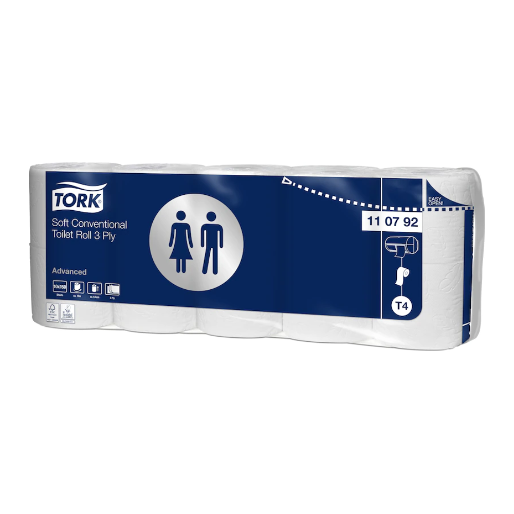 In the picture, there is a pack of Tork 110792 soft small roll toilet paper Advanced T4, which is 3-ply. The packaging is in blue and white and features symbols representing hygiene and sustainability. The product code "11 07 92" is visible on the packaging.