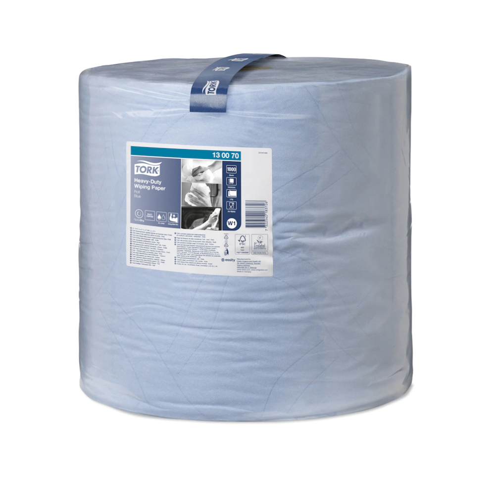 A large roll of Tork extra-strong multipurpose paper towels Premium W1 2-ply from Essity Professional Hygiene Germany GmbH features a label on the front with product information and illustrative application images. With high absorbency, including a practical carrying strap.