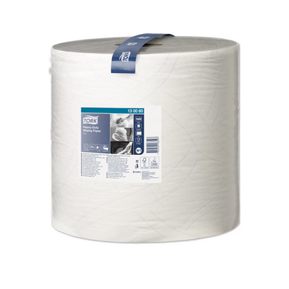 A high-quality large roll of extra-strong multipurpose paper towels from Tork with a blue label is designed for high absorbency. This white cylindrical roll features a convenient carrying handle on the top and fits perfectly into any Tork dispenser. The product label clearly shows the TORK trademark – Essity Professional Hygiene Germany GmbH and usage information.