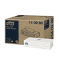 A large brown box labeled “Tork 140280 extra soft facial tissues” from TORK – Essity Professional Hygiene Germany GmbH stands next to a smaller white tissue box. The Tork logo is clearly visible on both boxes, with the smaller box featuring a wave pattern. The SKU 14 02 80 for these extra soft facial tissues is highlighted on the packaging.